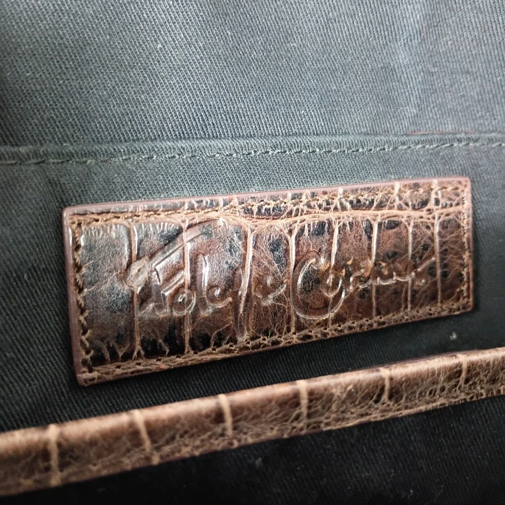 Foley‎ + Corinna Brown Croc Embossed Leather Satchel Shoulder Bag Brass Hardware
